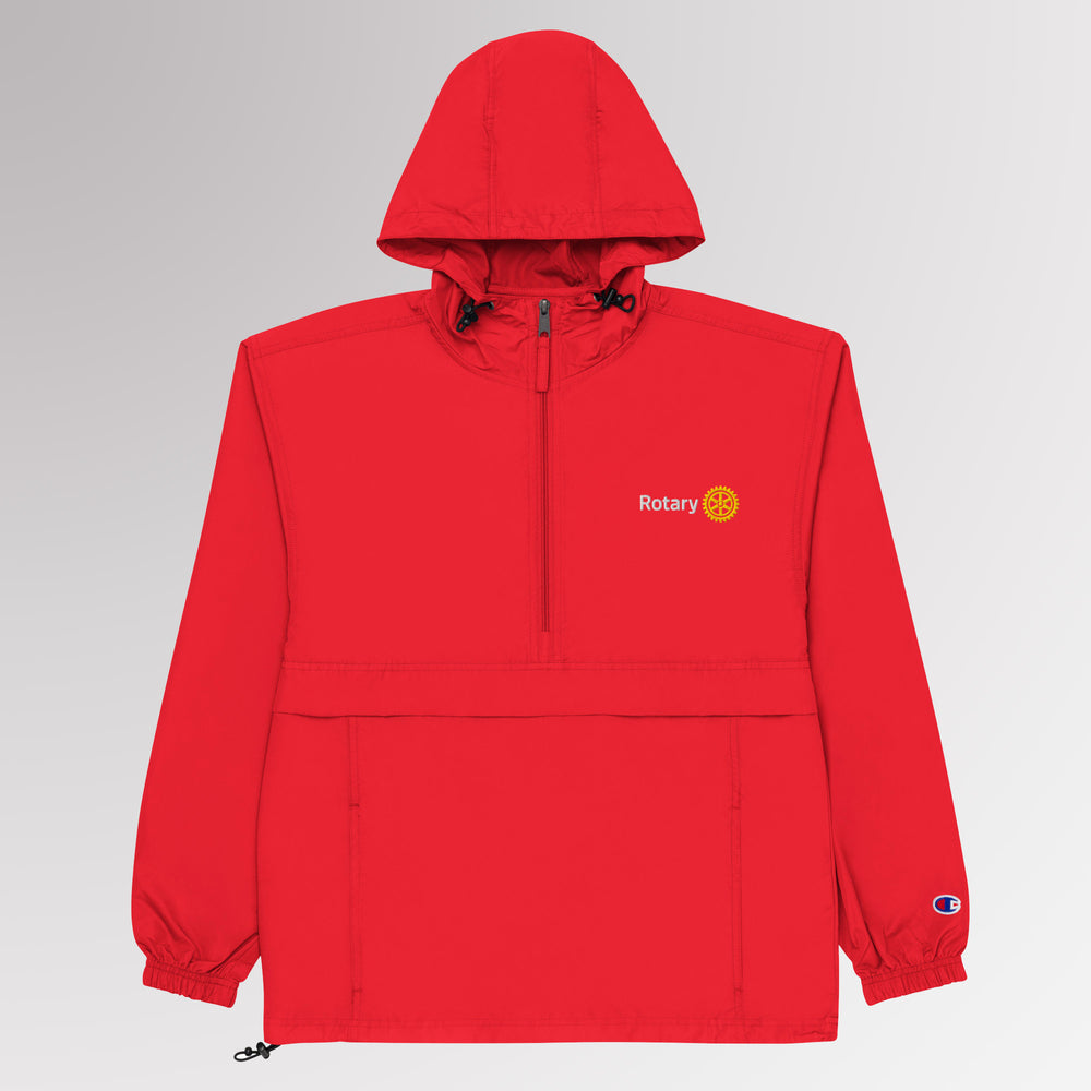 front view of the red Champion packable jacket with the hood up, showing overall structure and fit.