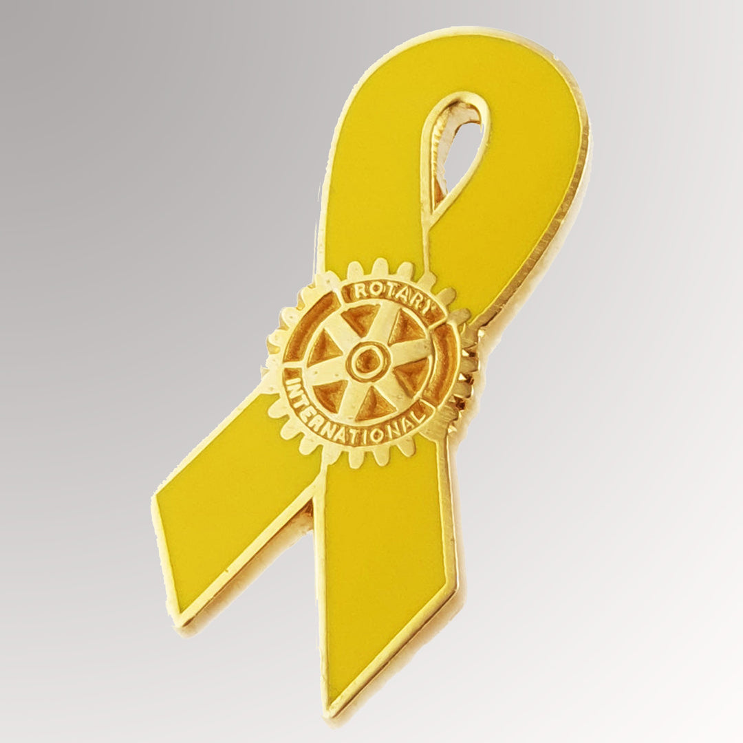 A gold-plated Rotarian Troops Pin made from zinc alloy featuring Rotary International's Mark of Excellence logo.