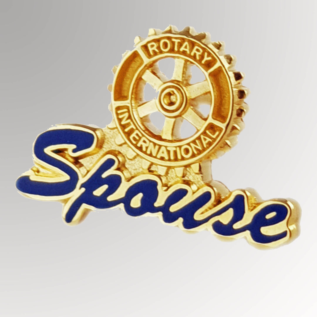 A gold-plated Rotarian Spouse Pin made from zinc alloy featuring the Rotary Mark of Excellence.