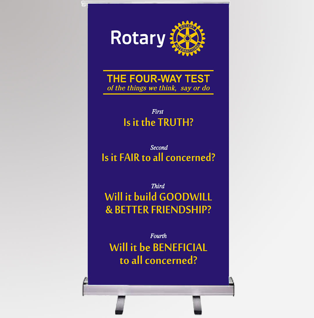 A retractable banner displaying the Rotary 4-Way Test, ideal for professional and ethical presentations at Rotary events.