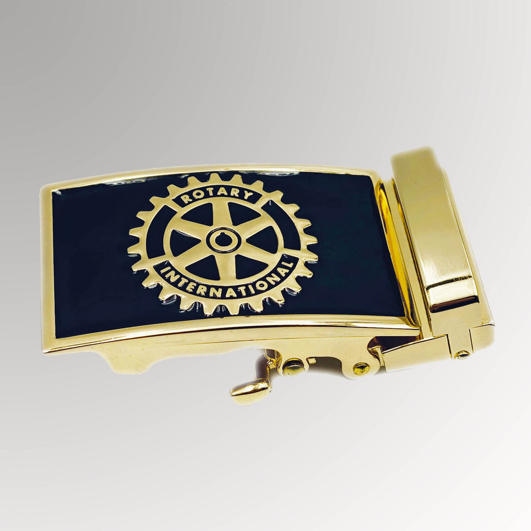 A gold-plated Rotary Belt Buckle featuring Rotary International's Mark of Excellence logo with a black background, designed to fit most 1.5" wide belts.