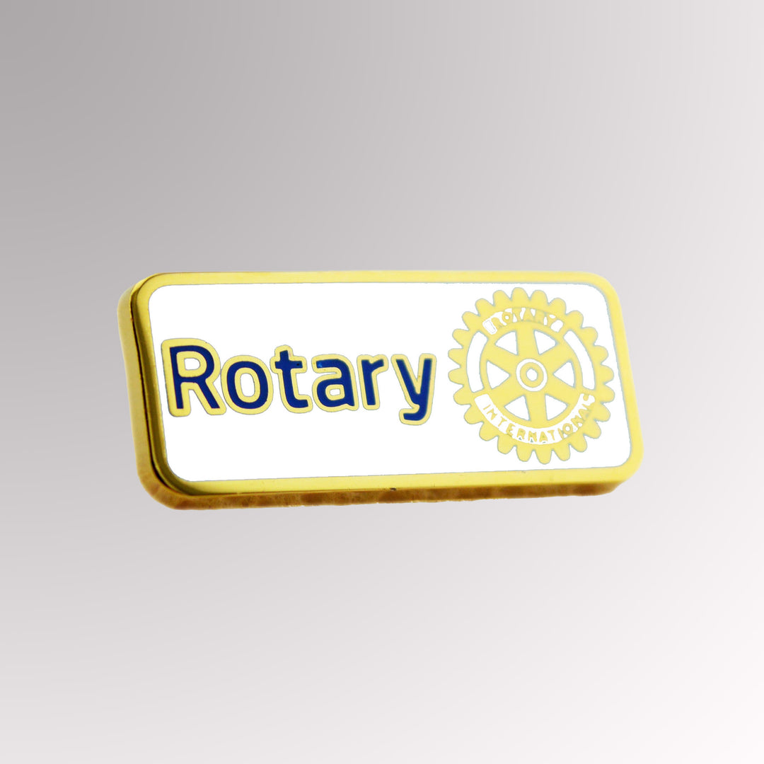 A gold-plated Master Brand Member Pin featuring Rotary International's logo with a white background.