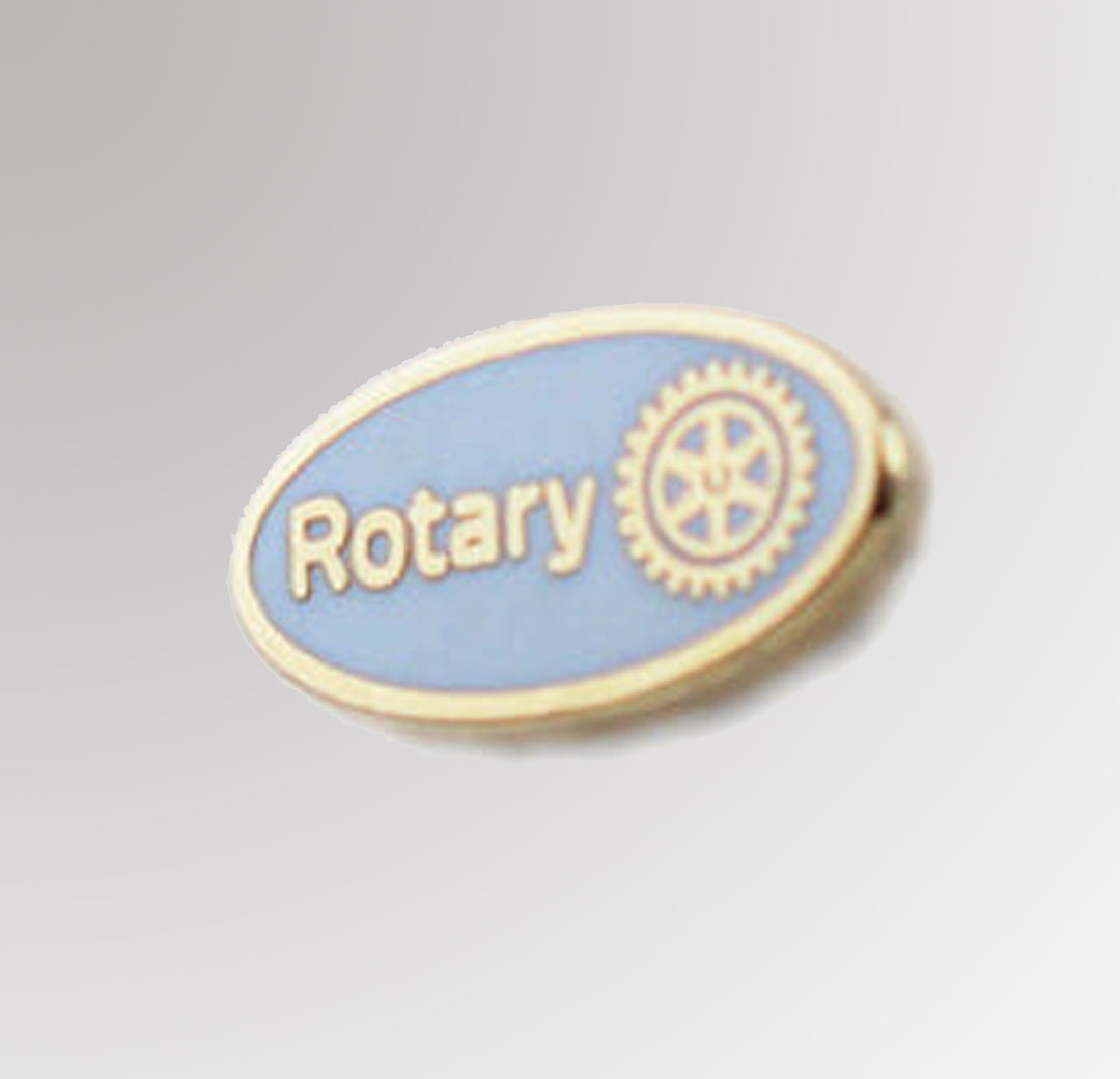 A white enamel pin featuring Rotary International's Master Brand logo, with a polished metal finish.