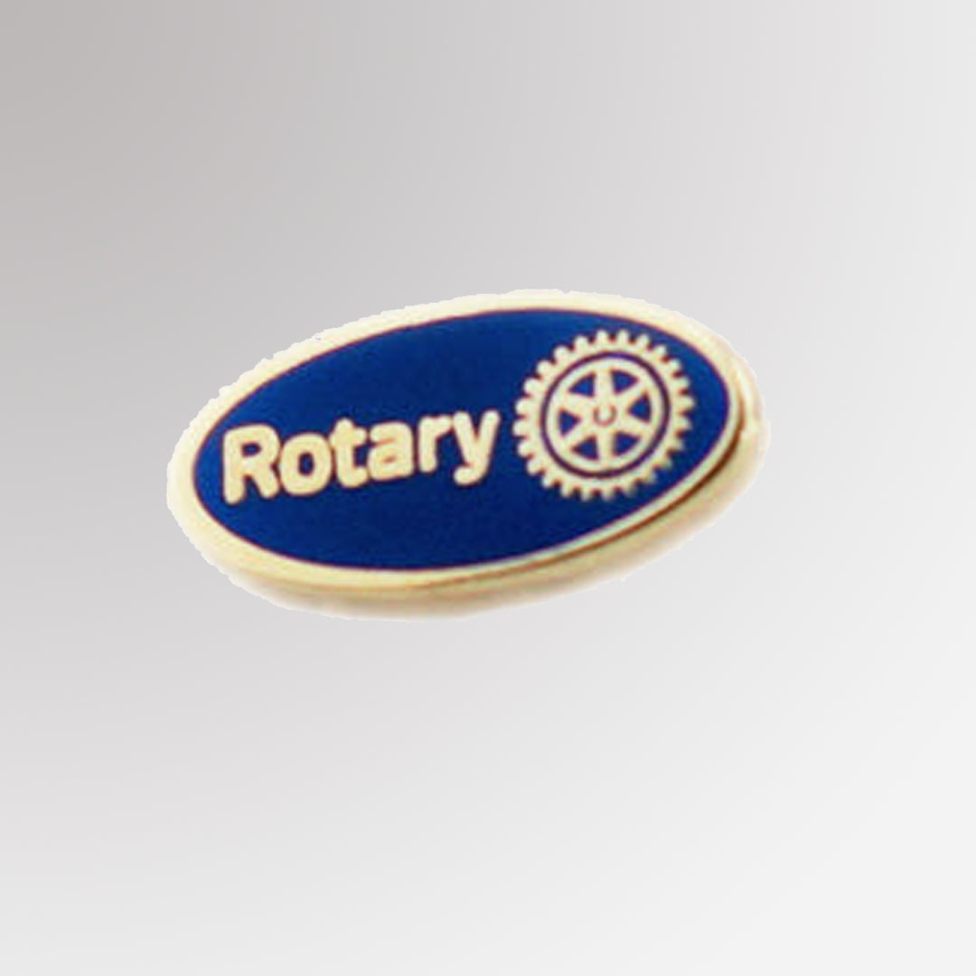 A blue enamel pin featuring Rotary International's Master Brand logo, with a polished metal finish.