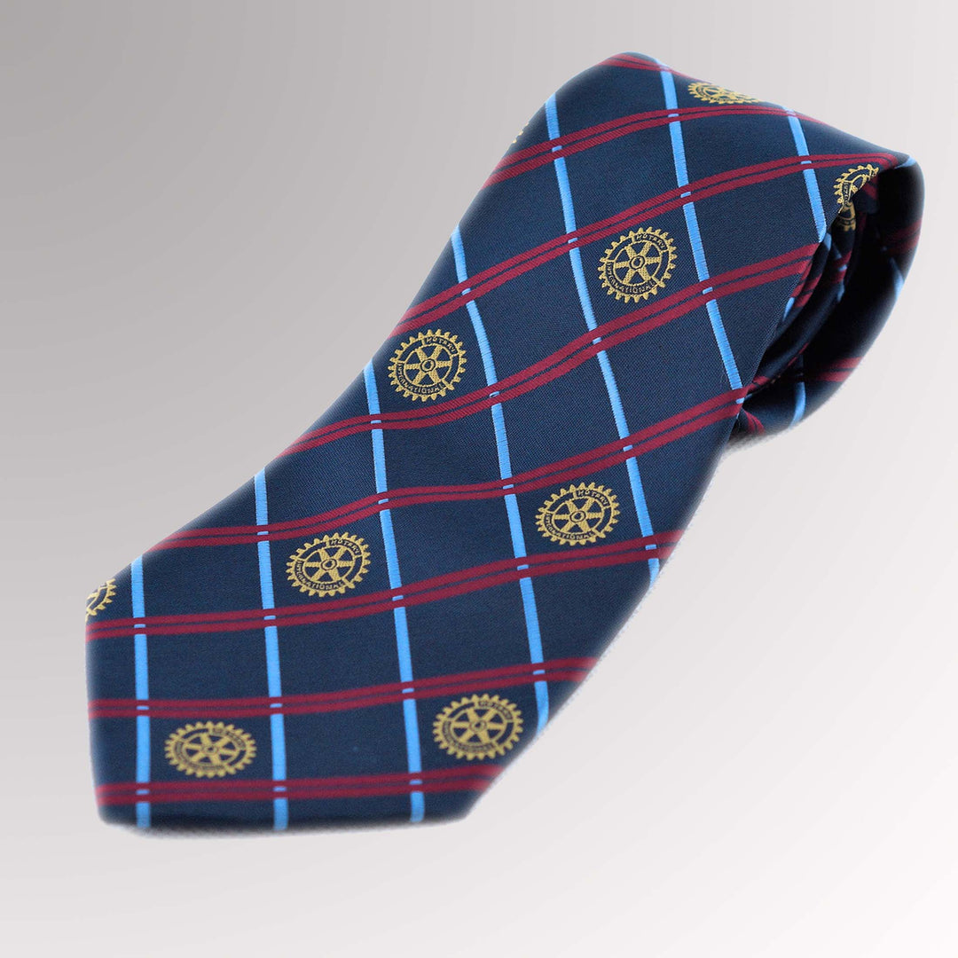 A blue checkered tie featuring Rotary International's Gold Mark of Excellence.