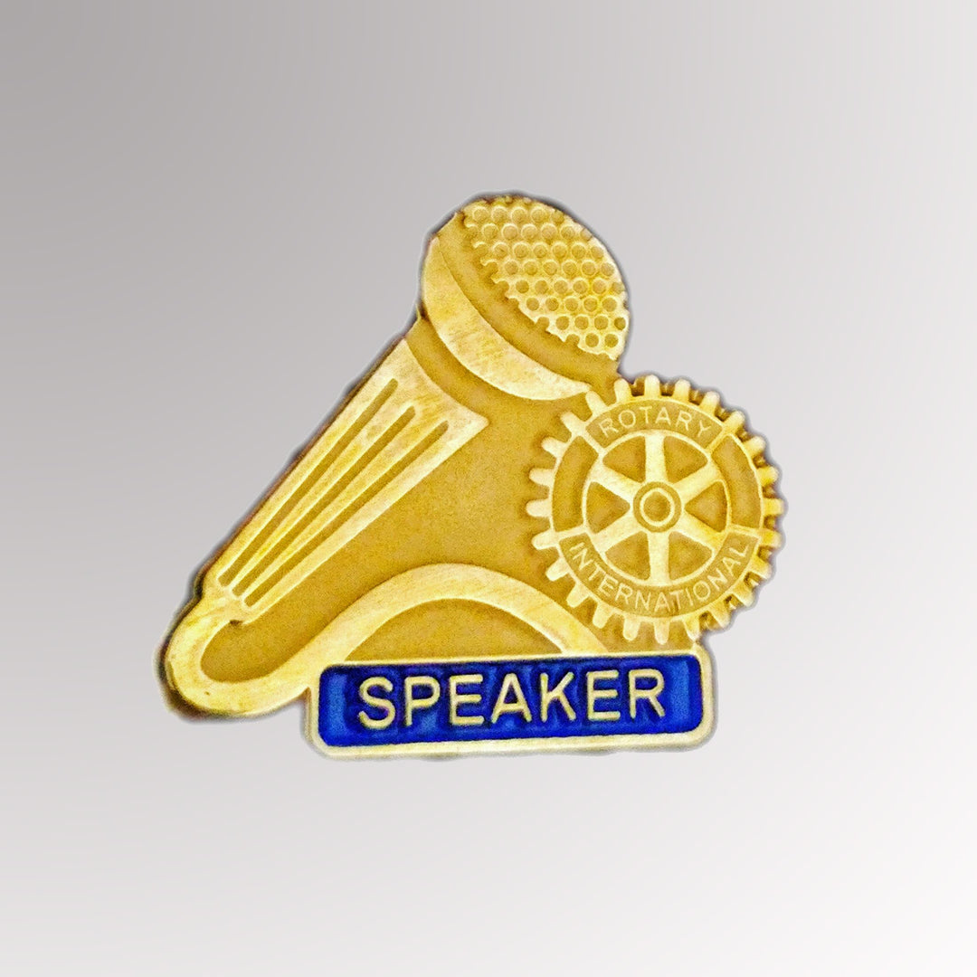 A gold-plated Speaker Pin made from zinc alloy featuring the Rotary Mark of Excellence.