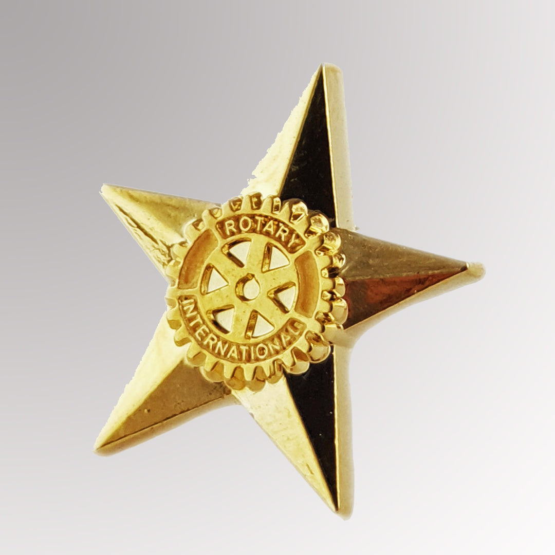 A gold-plated Rotarian Star Pin made from zinc alloy featuring the Rotary Mark of Excellence.