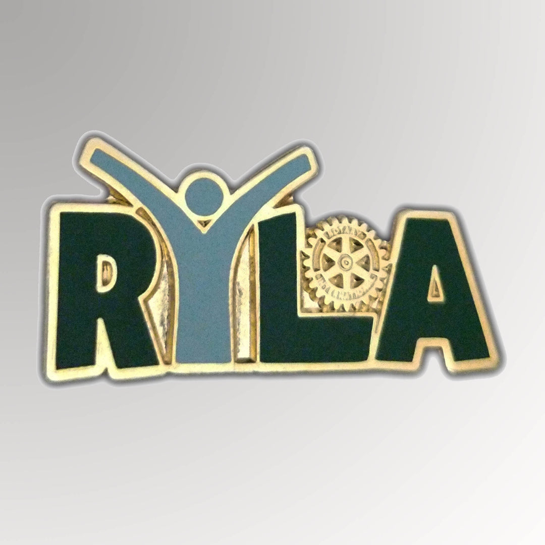 A gold-plated RYLA Pin made from zinc alloy featuring the Rotary Mark of Excellence.