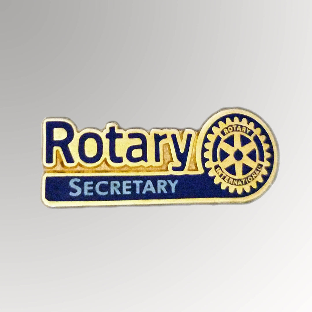 A gold-plated Club Secretary Pin featuring Rotary International's Master Brand logo.