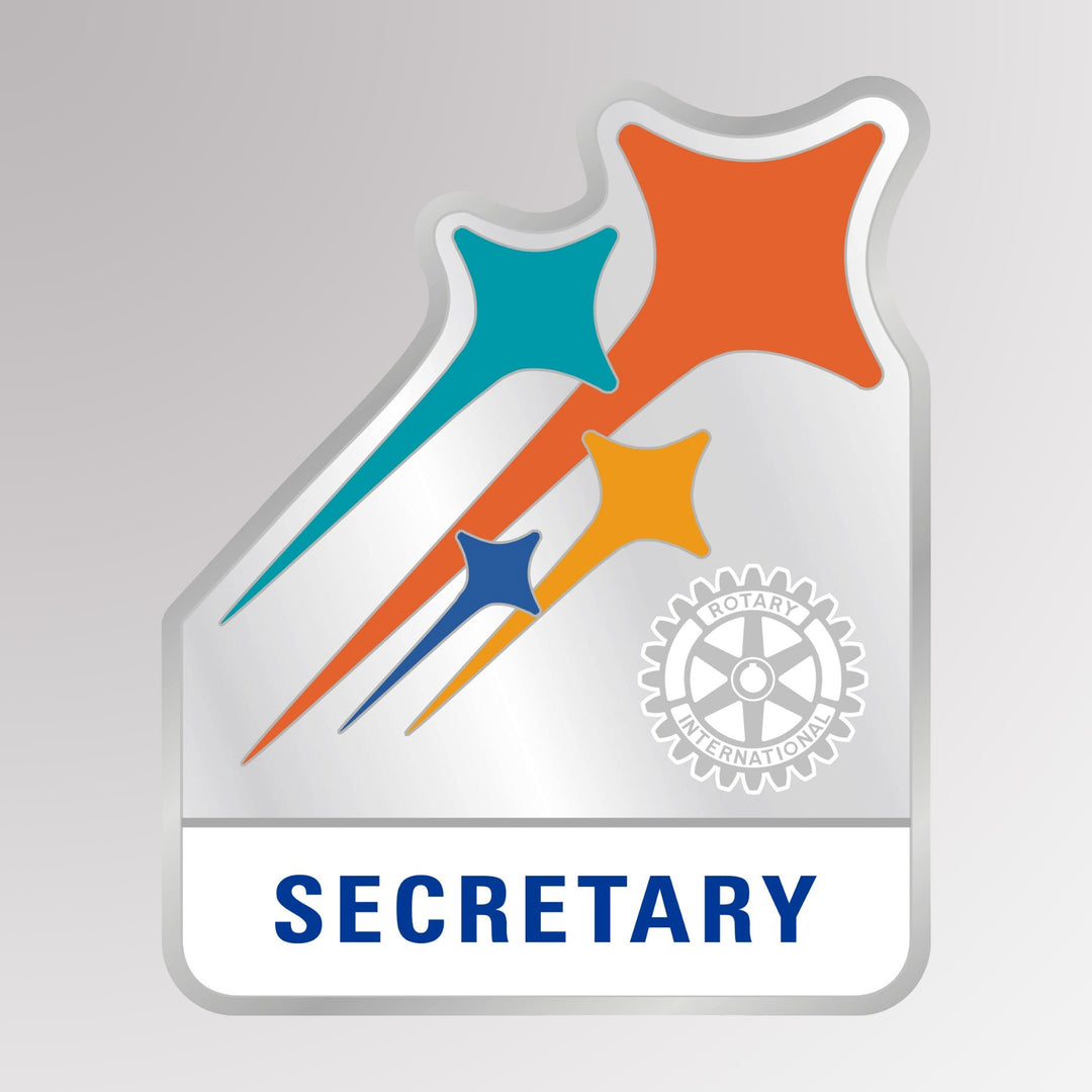 A silver finish zinc alloy pin featuring the Rotary Mark of Excellence and "Secretary" designation, available with a magnet attachment.