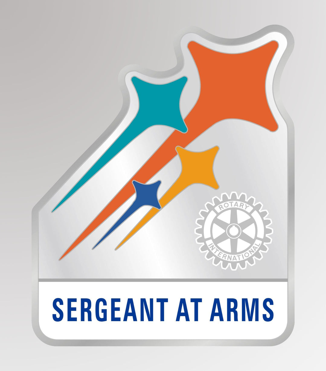 A silver finish zinc alloy pin featuring the Rotary Mark of Excellence and "Sergeant at Arms" designation.