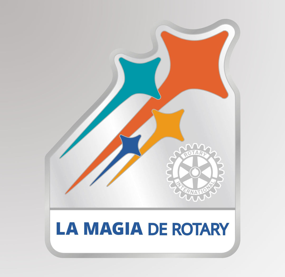 A silver finish zinc alloy pin featuring the Spanish theme for 2024-2025 with Rotary's Mark of Excellence.