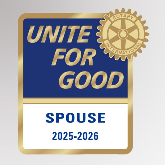 High quality lapel pin for Rotarian spouse featuring rotary international mark of excellence logo and 2025-2026 presidential message - Unite for Good. Made of high quality zinc alloy.