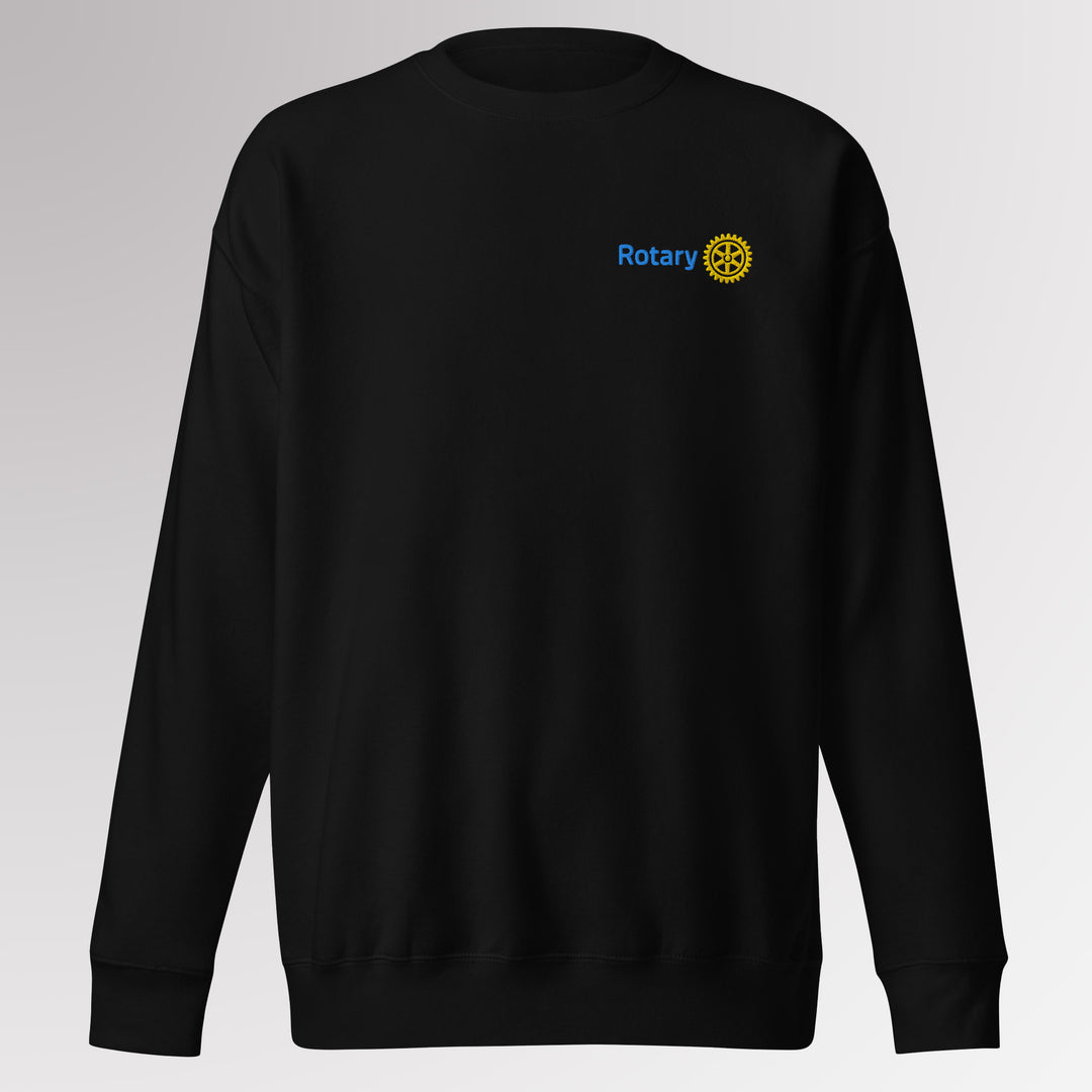 Front view of black colored high-quality unisex premium sweatshirt with Rotary International Master Brand logo embroidered by Awards California