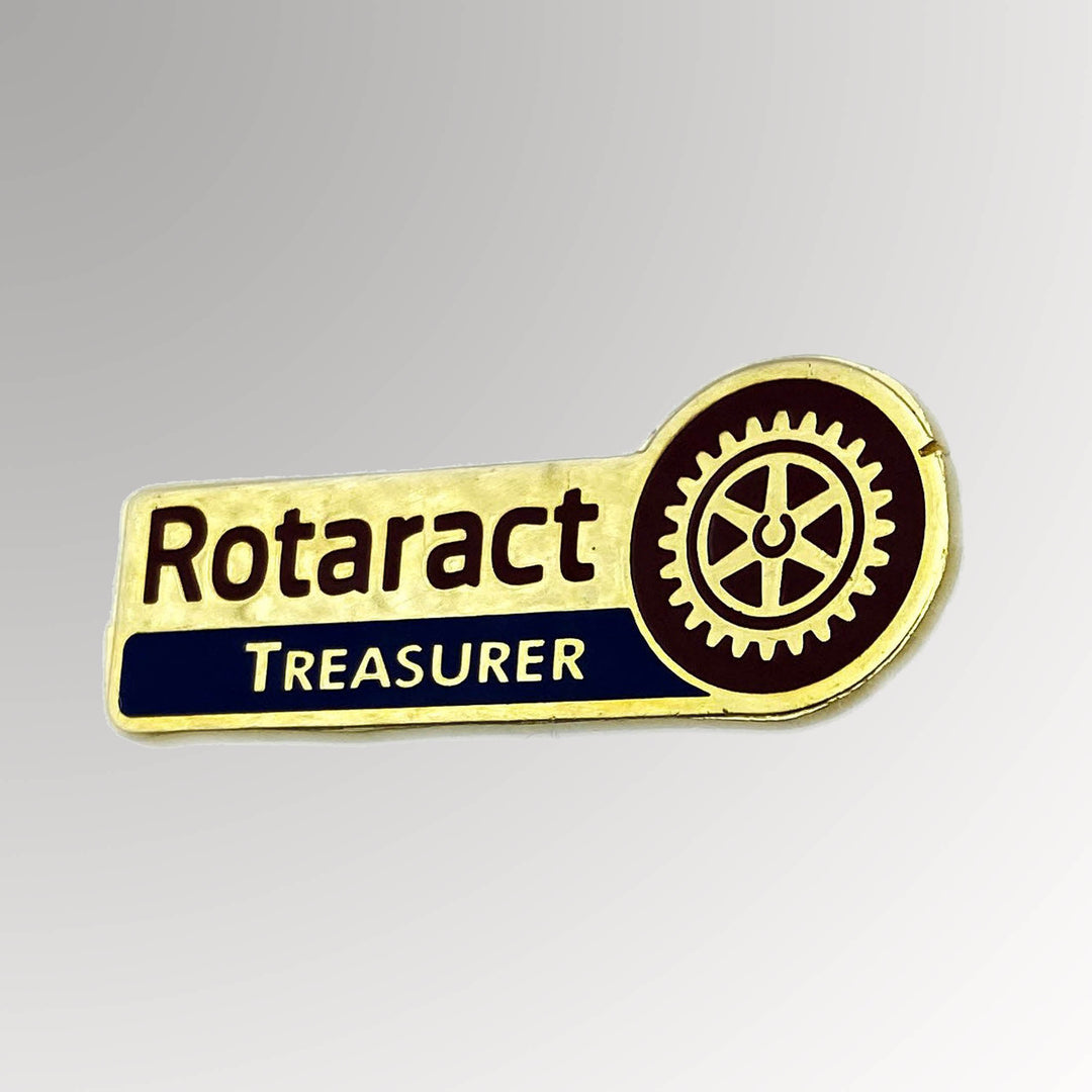 A gold-plated Rotaract Treasurer Pin made from brass featuring the new Rotaract logo.