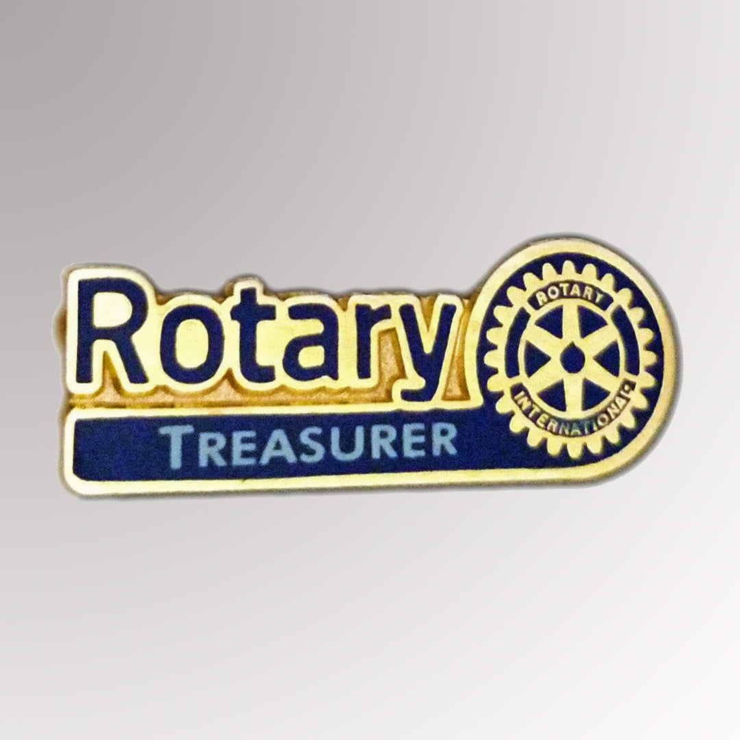 A gold-plated Treasurer Pin made from zinc alloy featuring Rotary International's Master Brand logo.