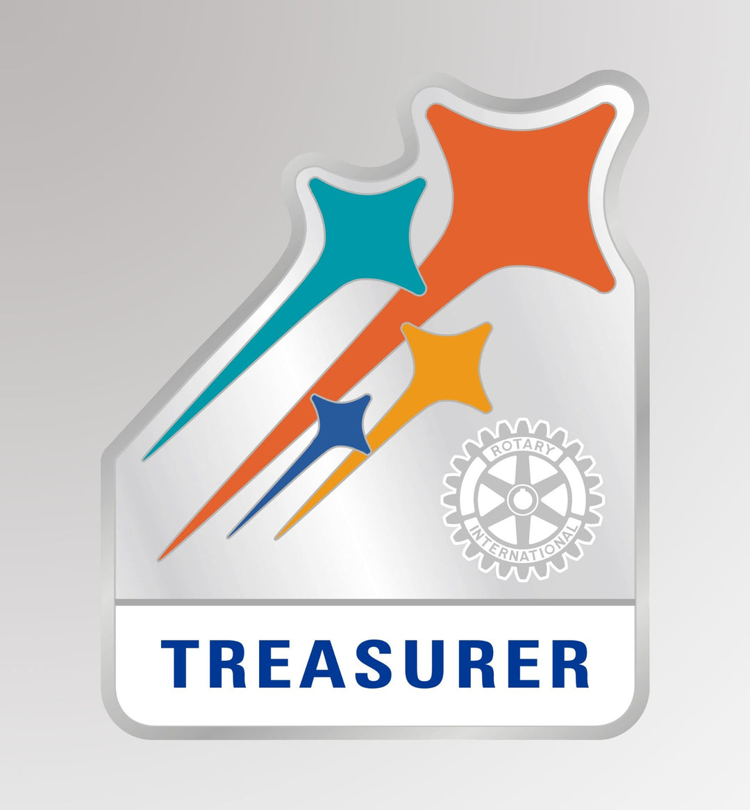 A silver finish zinc alloy pin featuring the Rotary Mark of Excellence and "Treasurer" designation, available with a magnet attachment.