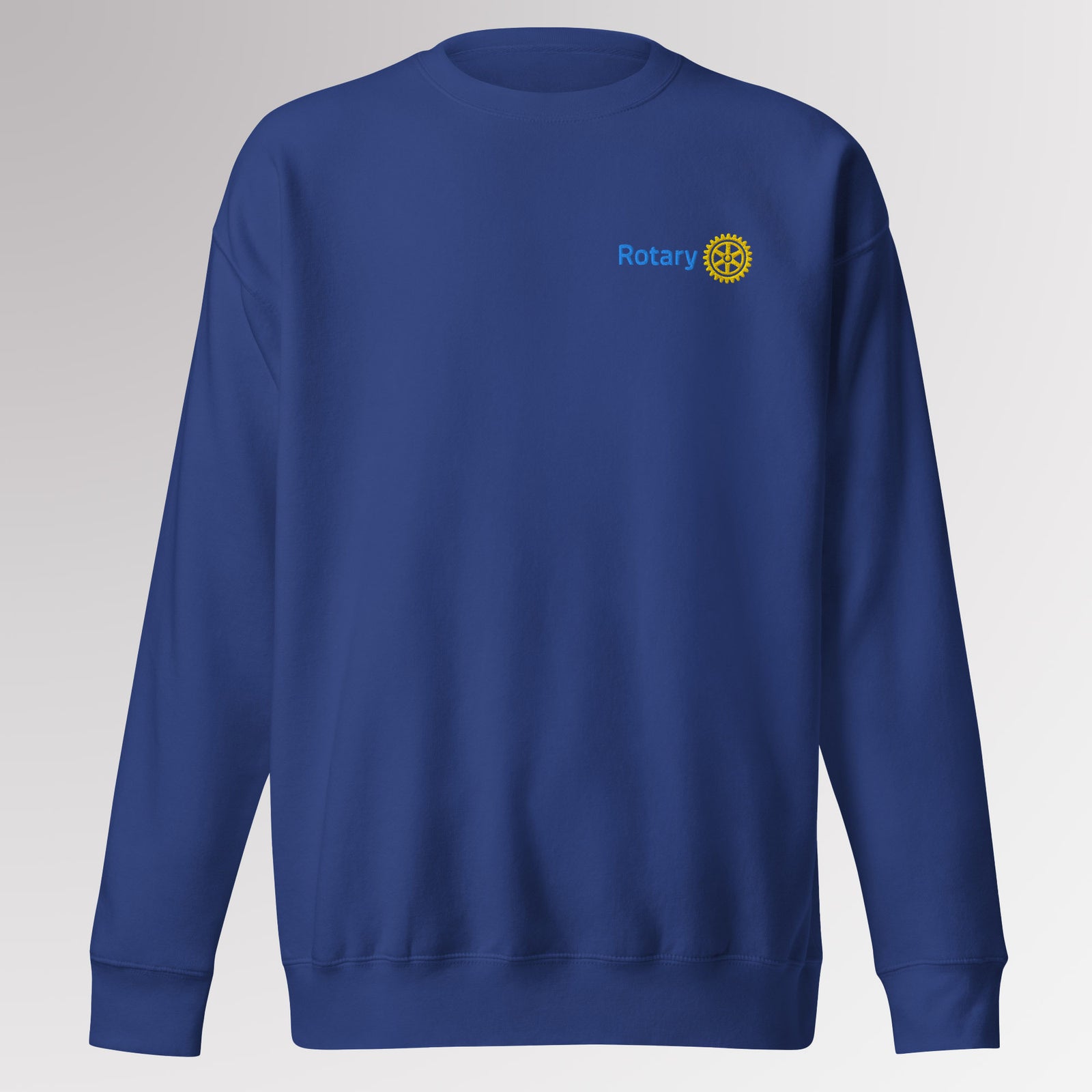 Front view of high-quality unisex premium blue colored sweatshirt with Rotary International Master Brand logo embroidered by Awards California