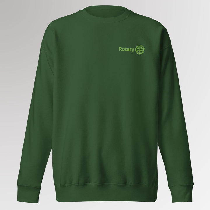 Front view of high-quality forest green colored unisex premium sweatshirt with Rotary International Master Brand logo embroidered by Awards California