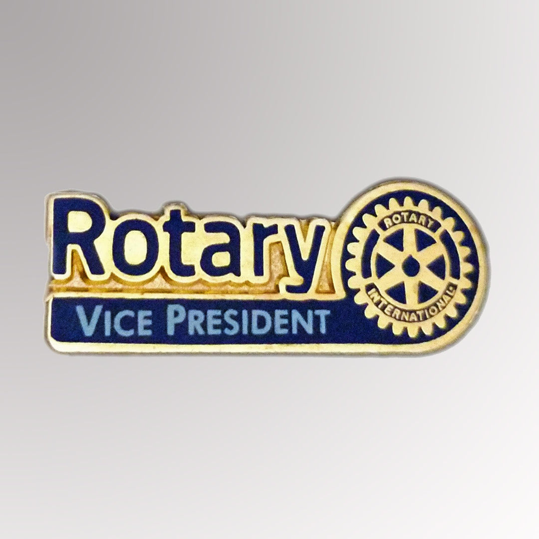 A gold-plated Vice President Pin made from zinc alloy featuring Rotary International's Master Brand logo.