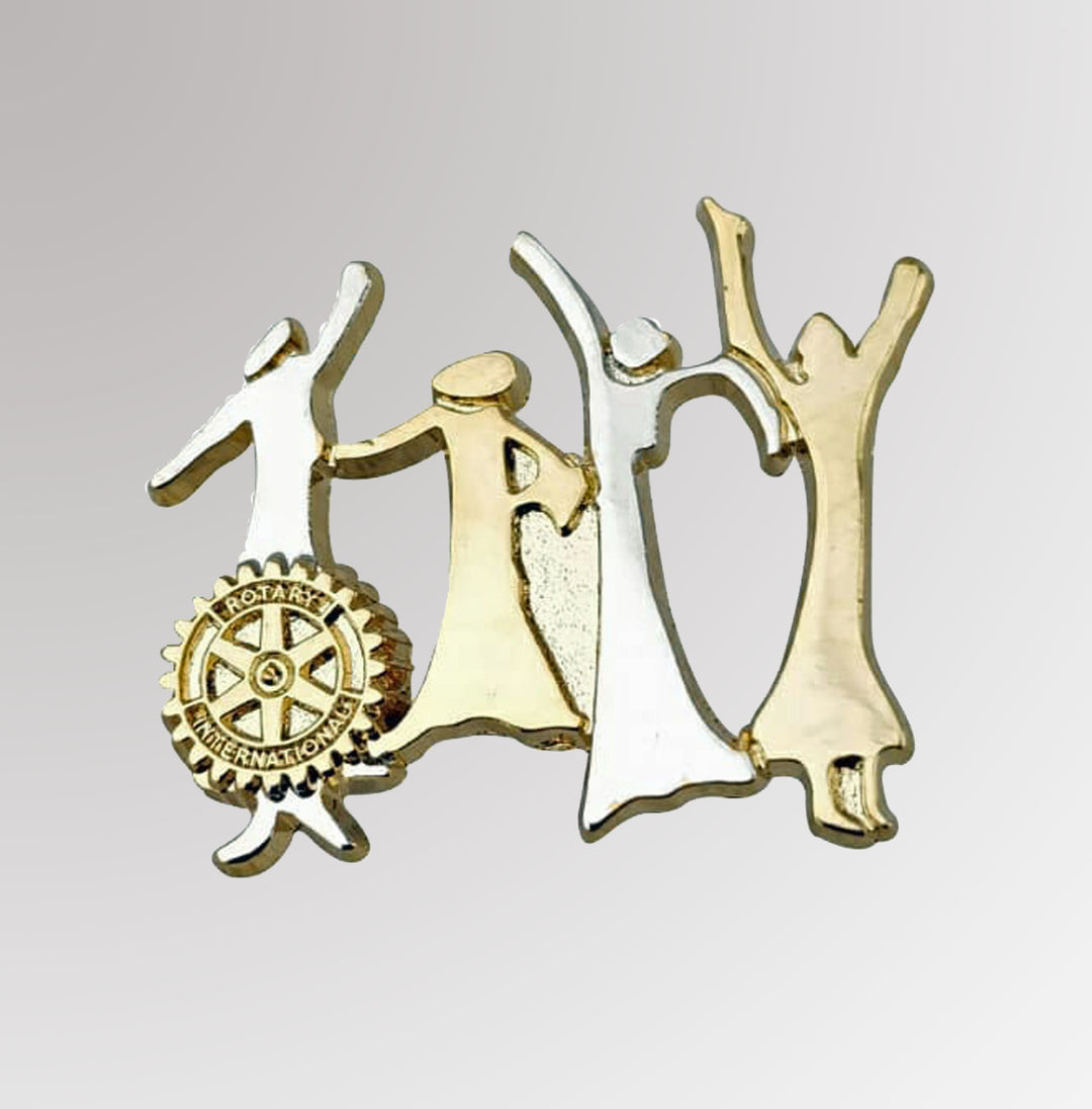 A pin featuring a combination of silver finish and gold plating with the Rotary Mark of Excellence, celebrating women in Rotary.